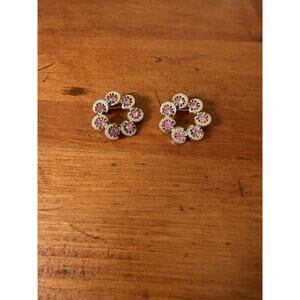 Vintage Pink Rhinestone Gold-Tone Wreath Brooches Pair Circle Mid Century Pins